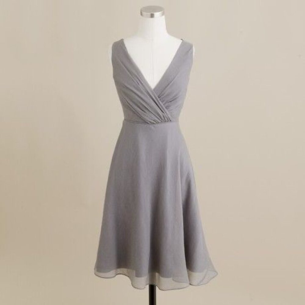 J. Crew Gray V-Neck Evie Dress Midi Silk Chiffon Cocktail